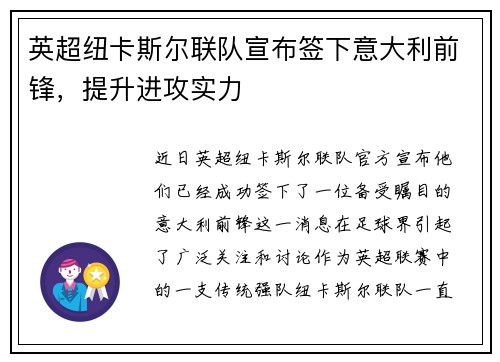 英超纽卡斯尔联队宣布签下意大利前锋，提升进攻实力